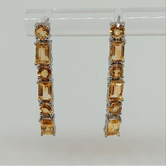 Natural Octagon‎ 6x4 Citrine 14K White Gold on 925 Sterling Silver Earrings - Picture 4 of 5